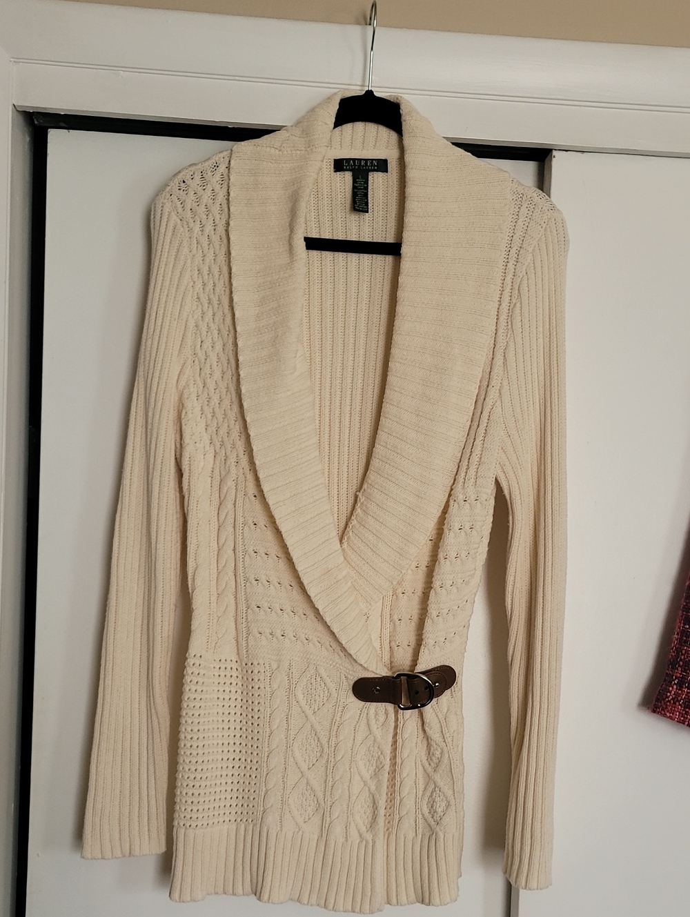 Lauren Ralph Lauren Cream Shawl-Collar Cable Cardigan with Belt